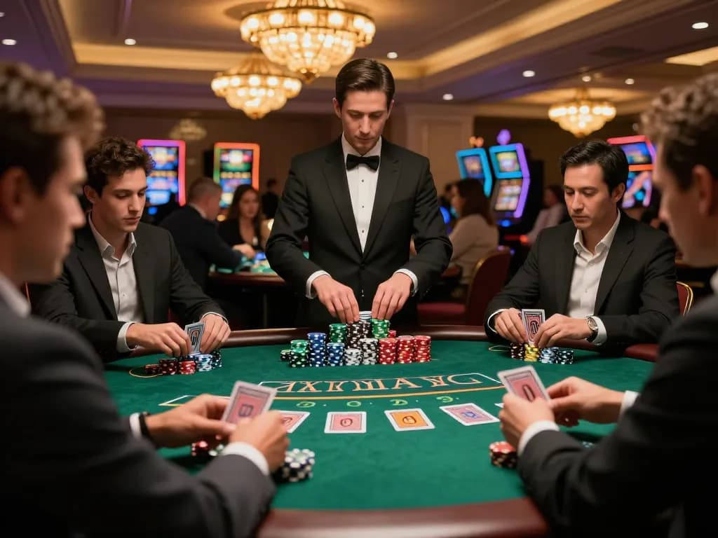 Fly 88 players strategizing at blackjack table surrounded by vibrant casino atmosphere.