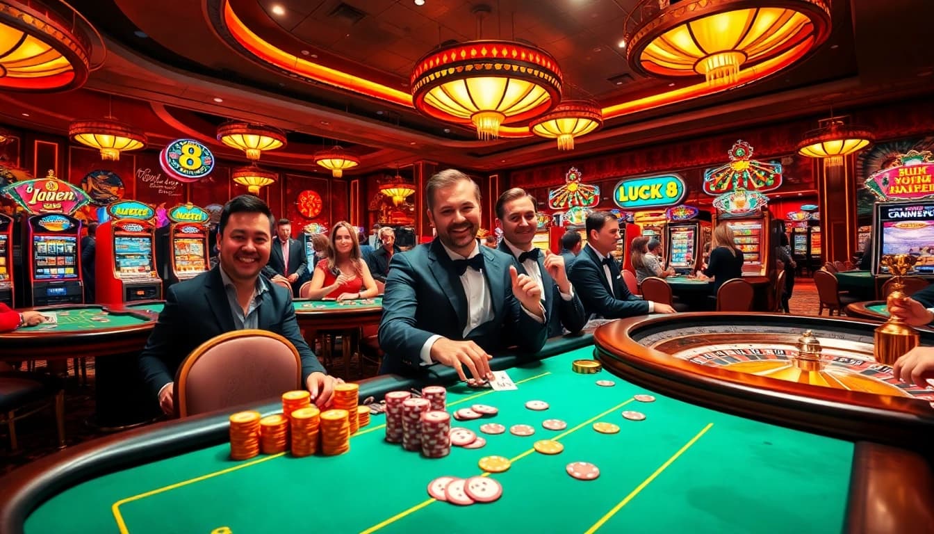 Luck 8 casino scene featuring vibrant tables, excited players, and high-stakes gambling action.