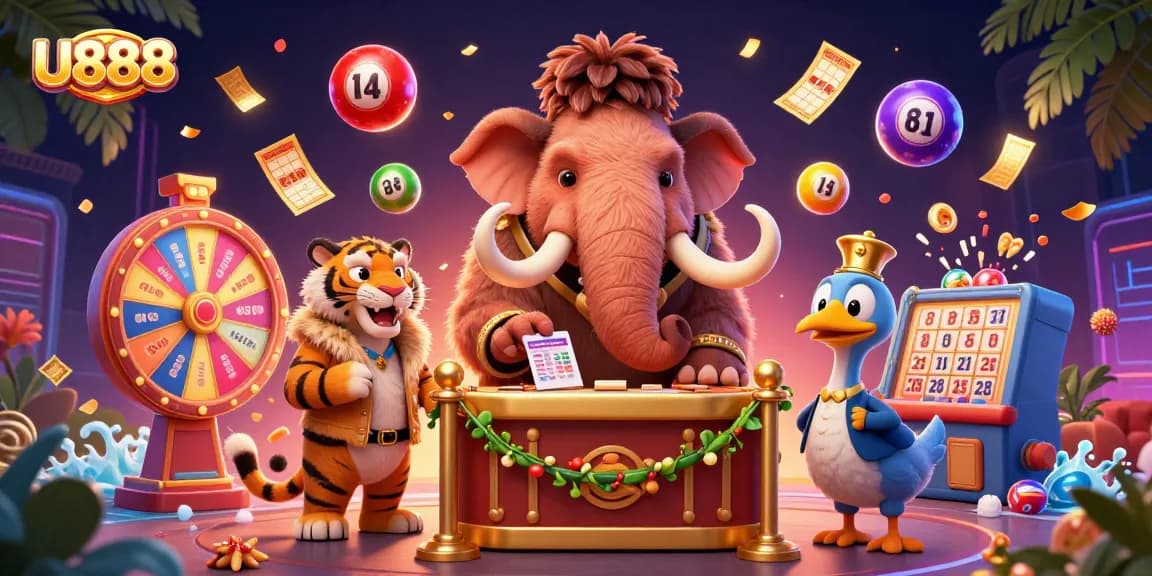 U888 captures a vibrant 3D casino scene with exciting lottery elements dynamically bouncing around.