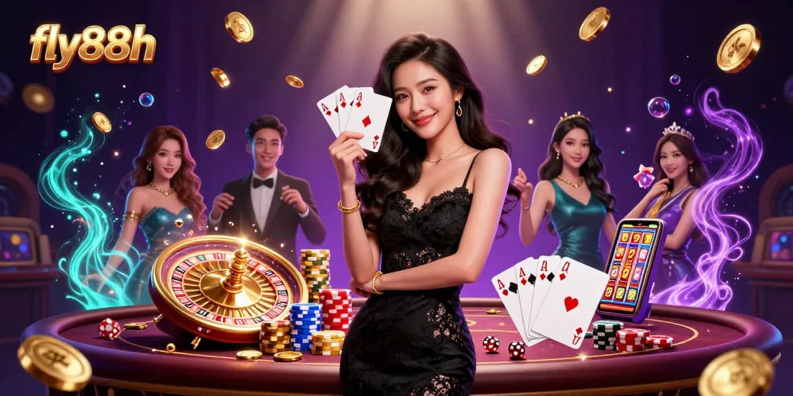 Play casino games at fly88h with an elegant woman holding ace cards in a luxurious setting.