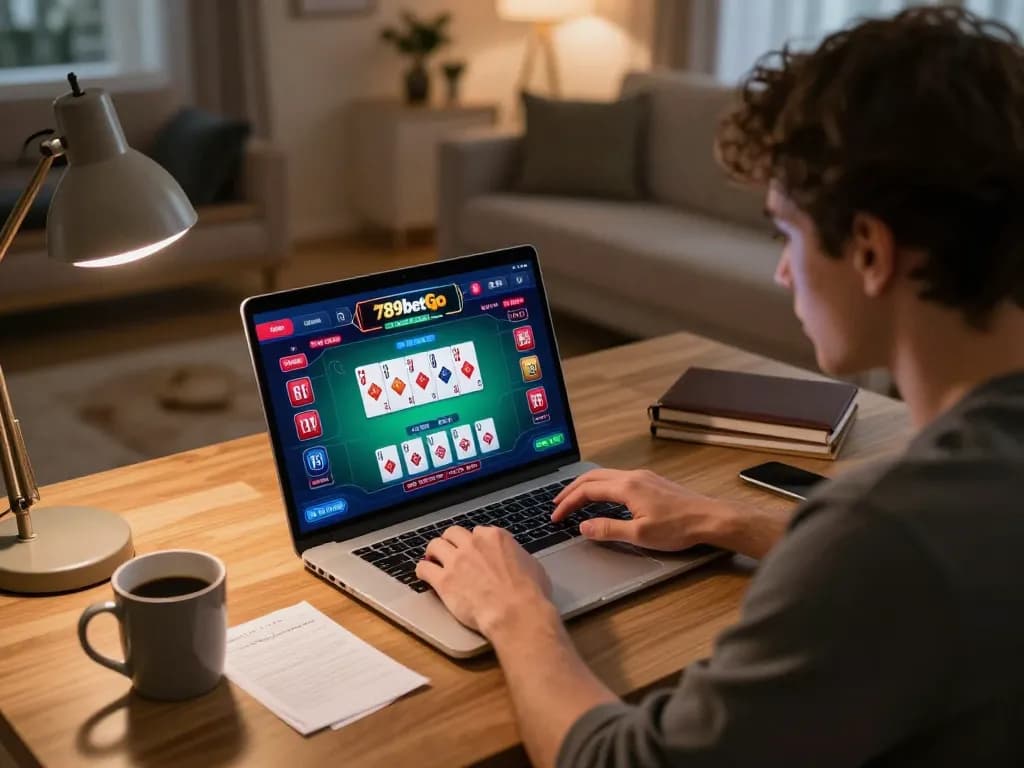 Engaging in an exciting 789betgo poker game on a laptop in a cozy home setting.