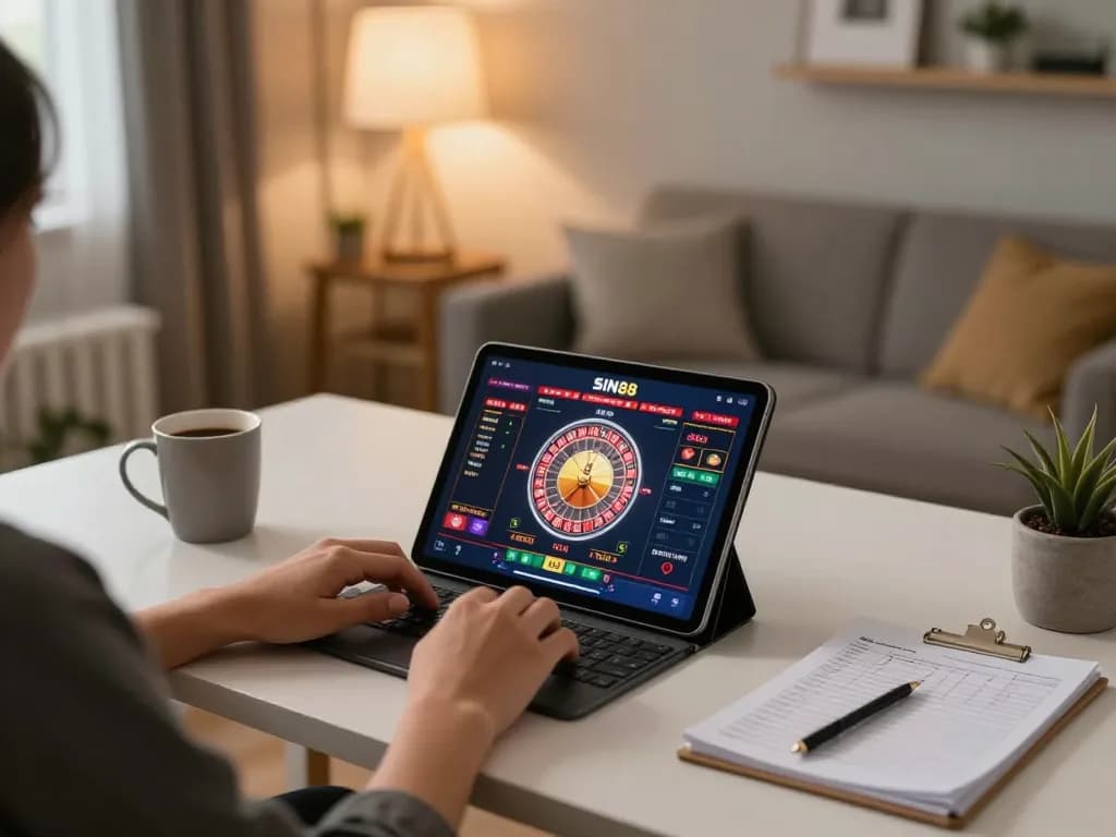 Player engaging in online gaming on SIN88 platform, showcasing tablet with roulette interface.
