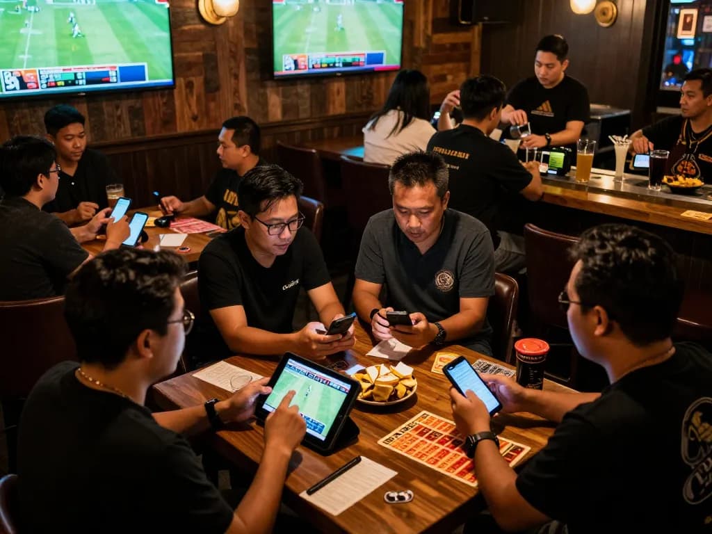 Tỷ lệ kèo nhà cái hôm nay observed in a buzzing sports betting atmosphere, patrons analyzing odds on devices