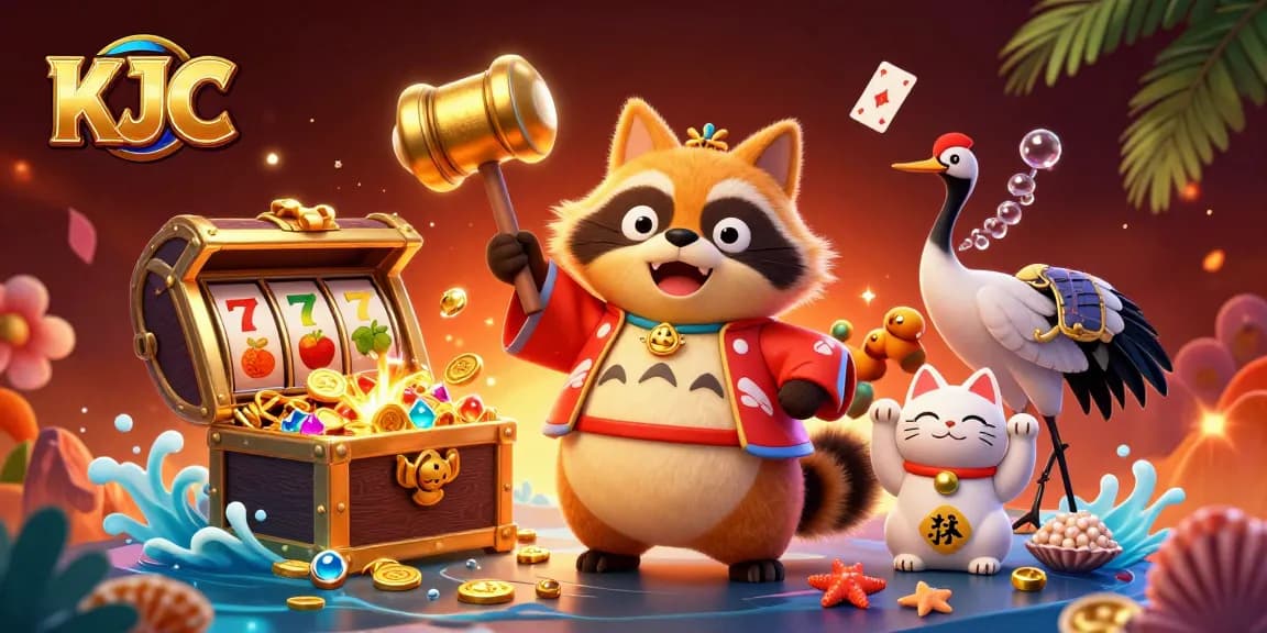 Experience thrilling gaming at KJC's vibrant casino illustrated scene with lucky charms and golden treasures.
