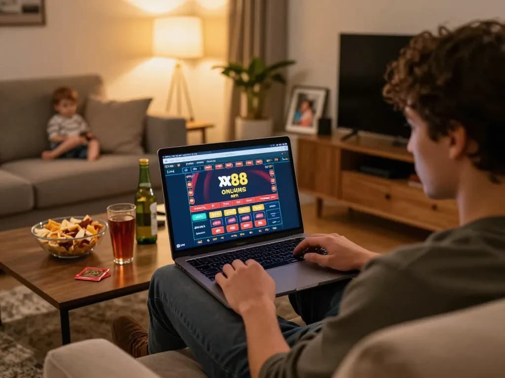 Engage with online gaming at xx88 using a laptop in a cozy home environment.