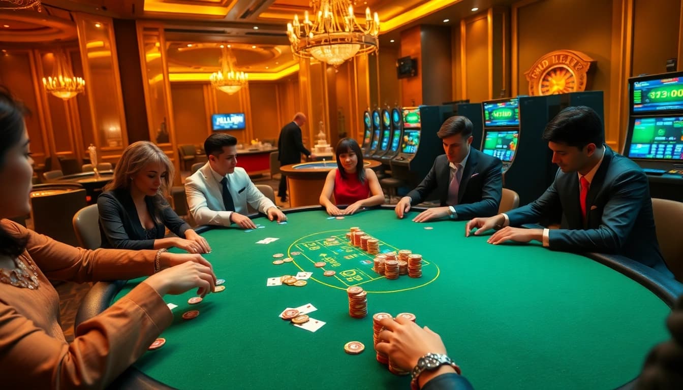 Players enjoying high-stakes poker at LuckyWin casino, surrounded by vibrant chips and cards.