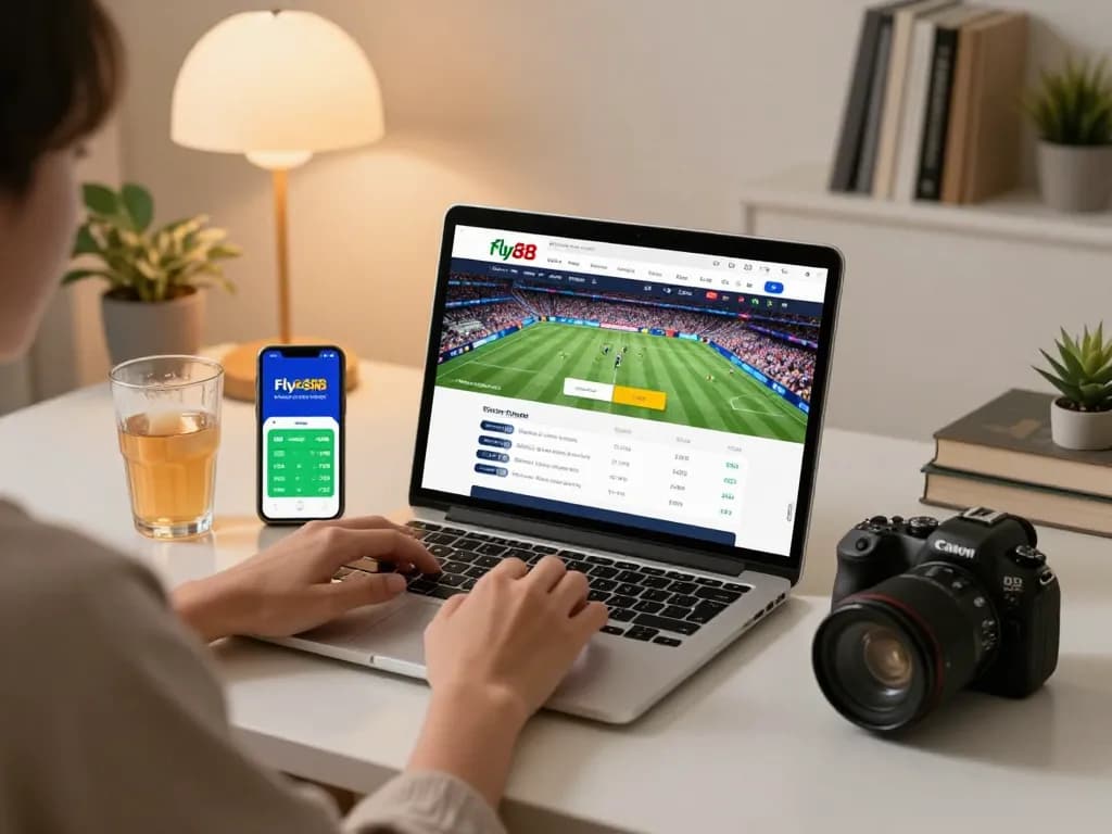 Engaging in online sports betting at link fly88 with warm home ambiance and vibrant graphics