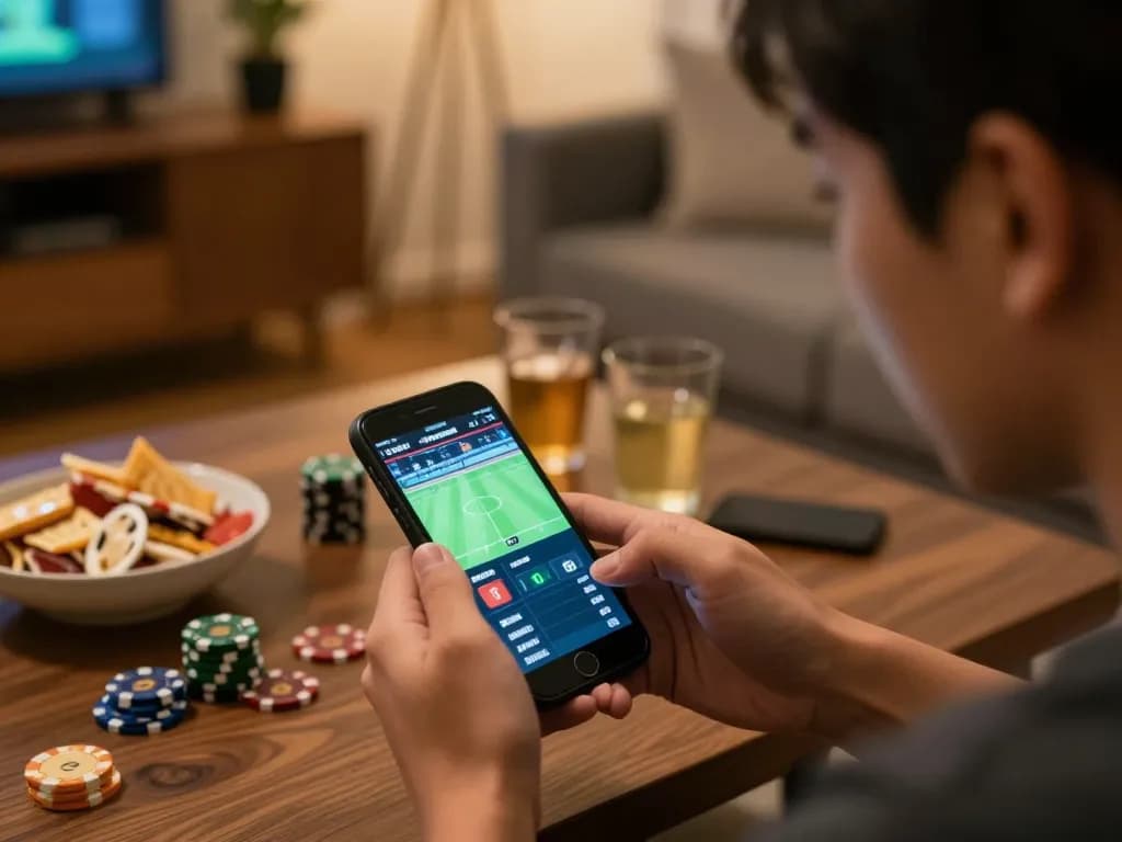 Person placing bets on keonhacai5 using smartphone during live sports event