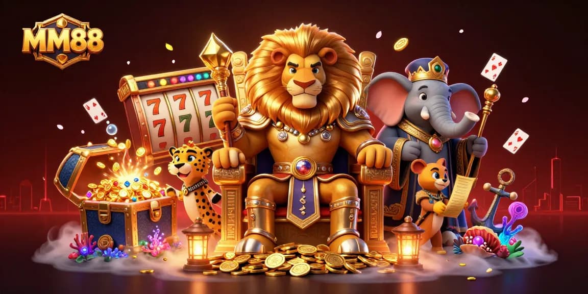 Experience the thrilling MM88 casino realm with majestic characters and dynamic gaming elements.