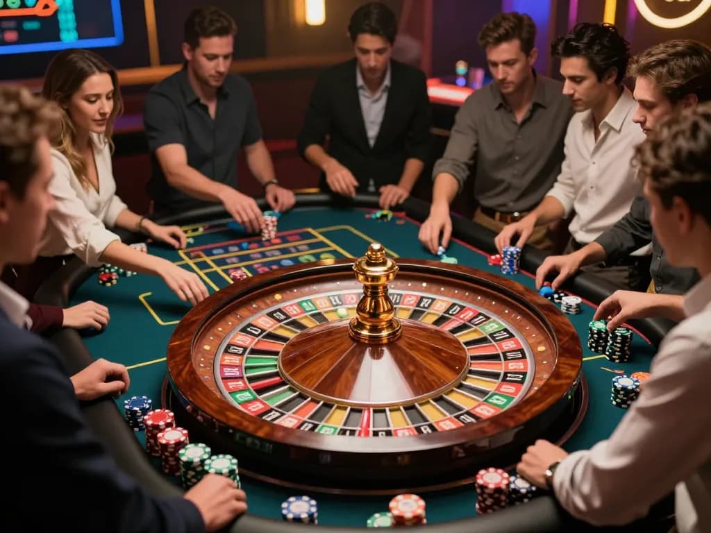 Players at Sunwin roulette table immersed in the game, colorful chips and spinning wheel highlight excitement.