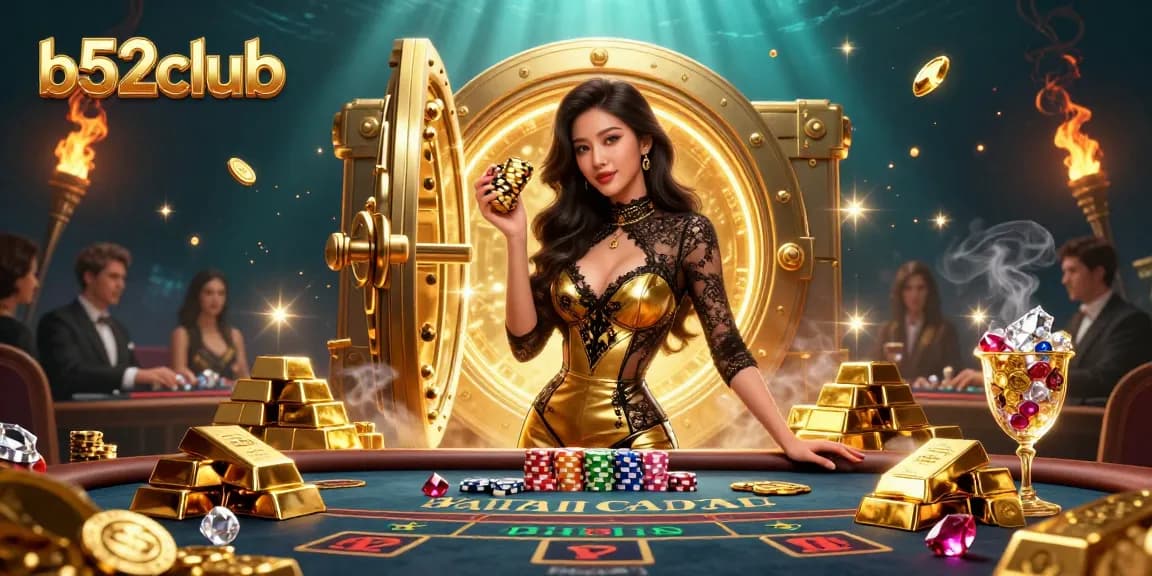 Experience high-stakes glamour at b52club with a confident dealer showcasing golden casino chips at the baccarat table.