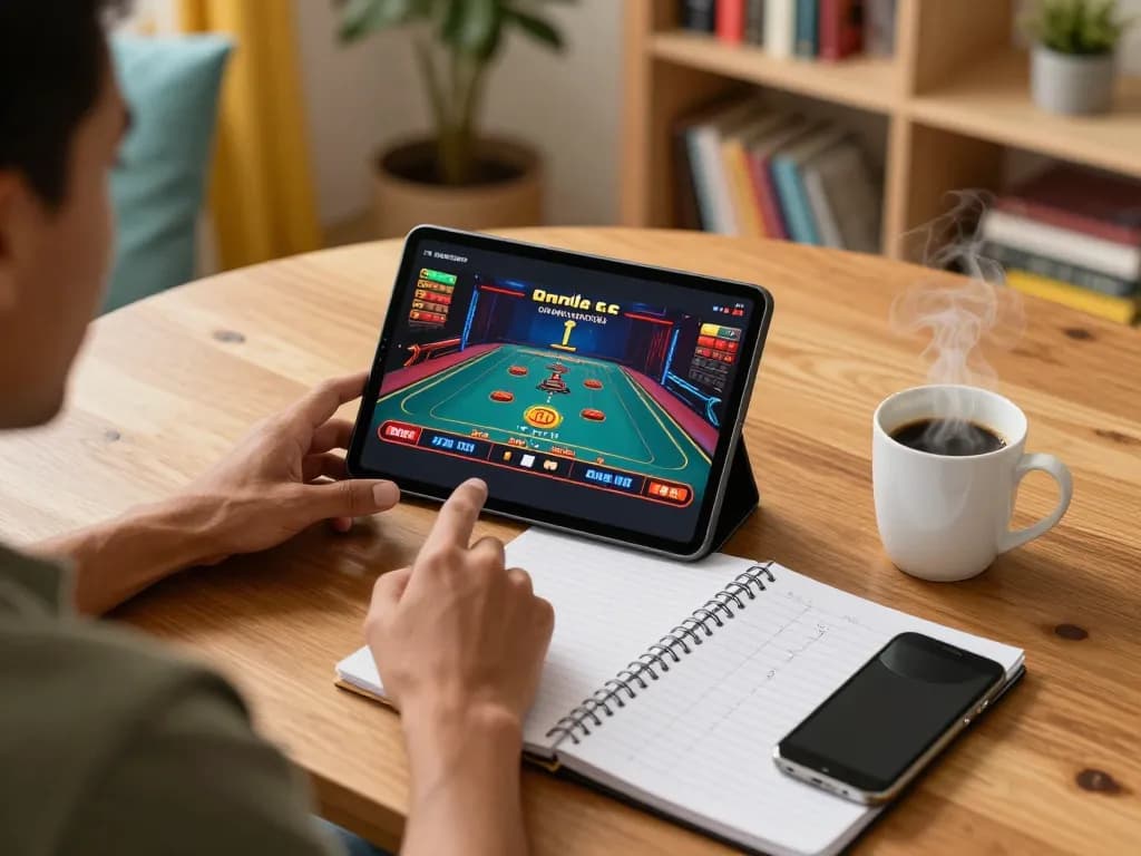 Engaging in responsible online gaming at home, featuring nhà cái uy tín displayed on tablet, capturing focus and strategic approach.