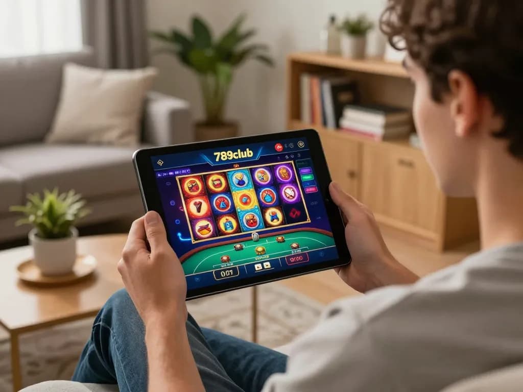 Player enjoying online gaming at 789club, showcasing vibrant slot games in a cozy living room.