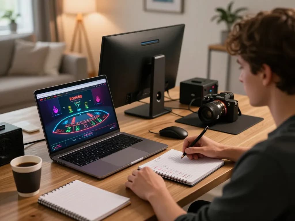 KONG88 player engaging in online blackjack at a finely crafted gaming setup, showcasing strategy notes and warm ambient light.
