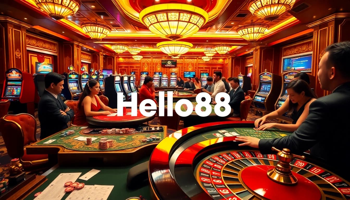 Hello88 players excitedly placing bets at a vibrant casino table surrounded by luxurious decor.