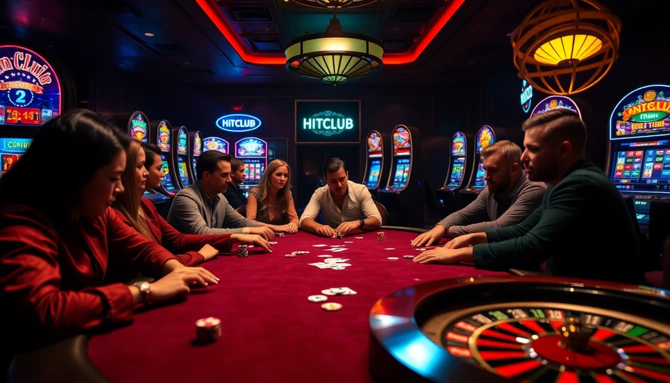 Players enjoying a thrilling game at the HITCLUB casino table surrounded by vibrant slot machines.