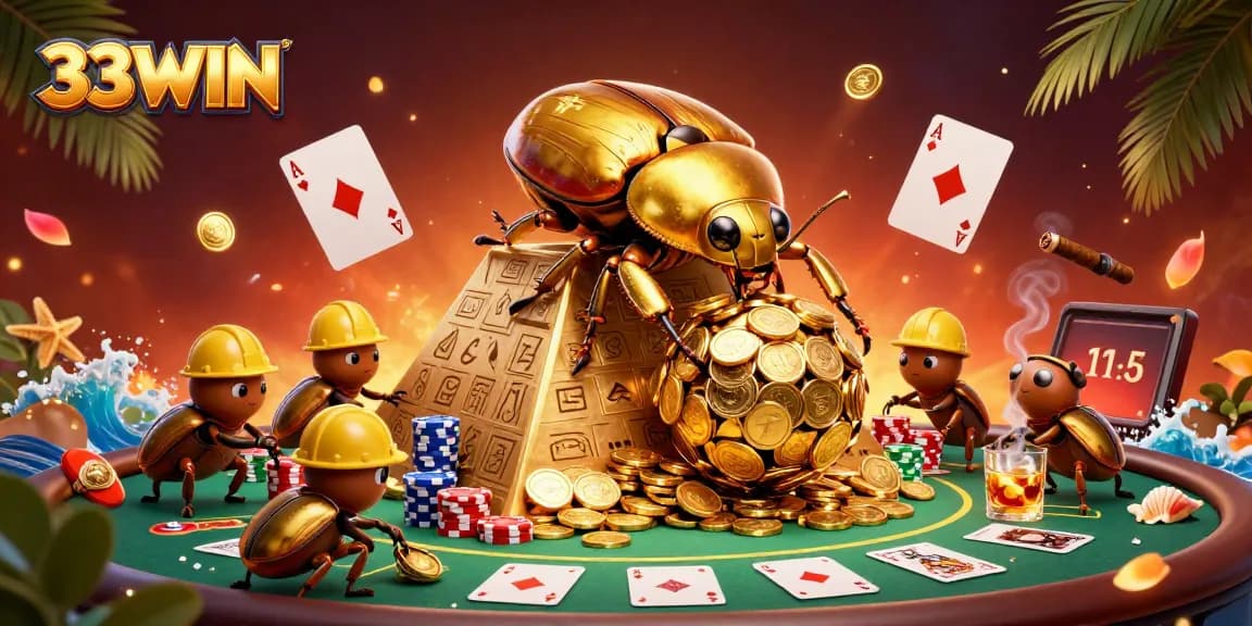 Experience thrilling action at 33WIN with a golden dung beetle pushing a coin ball in a vibrant casino