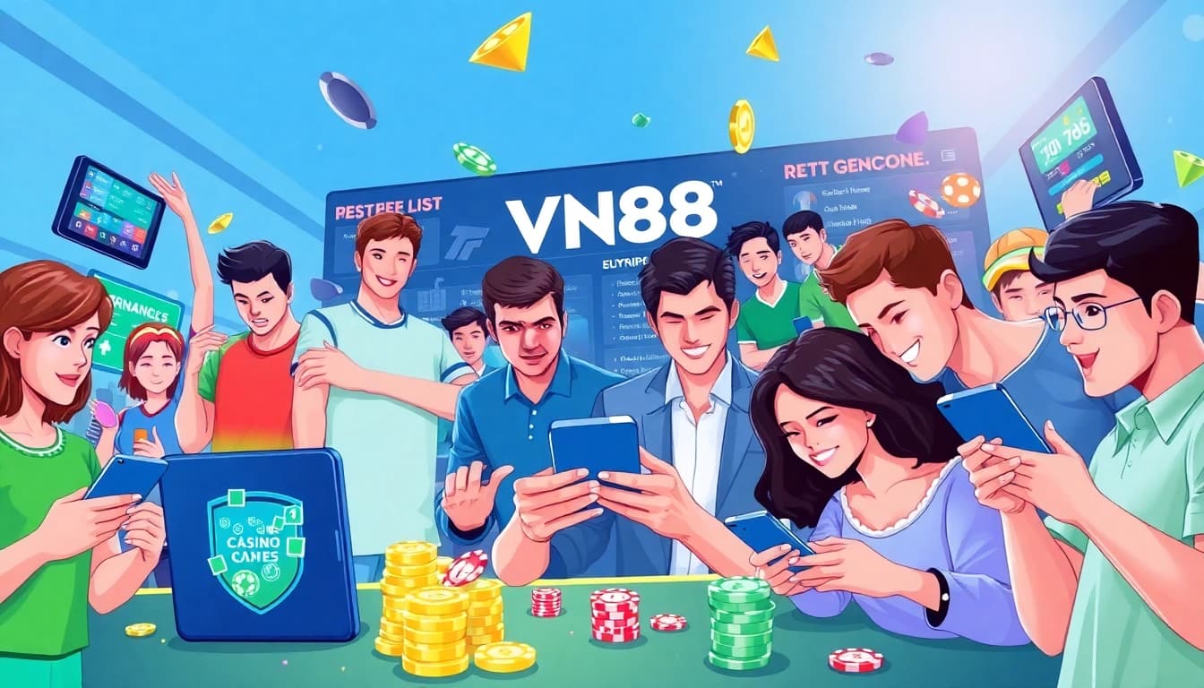 Engaging scene of diverse players on the VN88 online betting platform, showcasing sports and casino games.