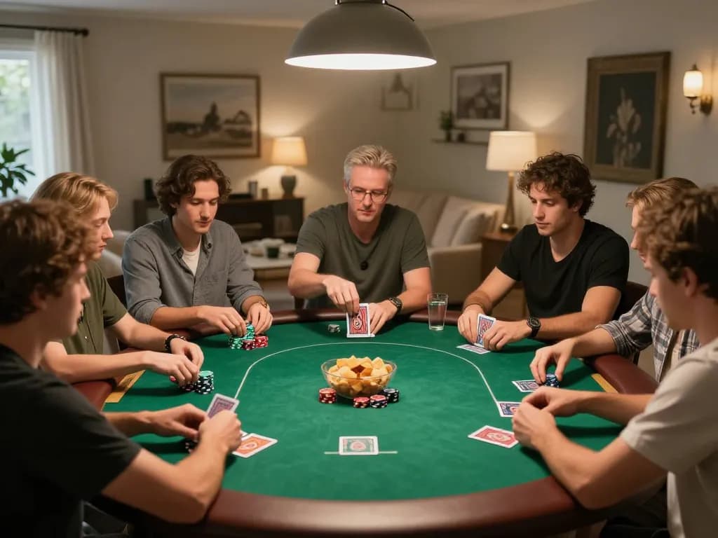 BCX88 home poker game with players engaged, chips and cards displayed on a serene evening.