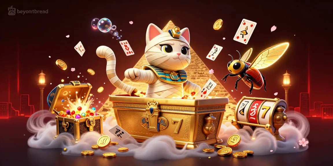 beyondbread showcases thrilling action at a vibrant casino scene with a glowing mummy cat and sparkling treasures.