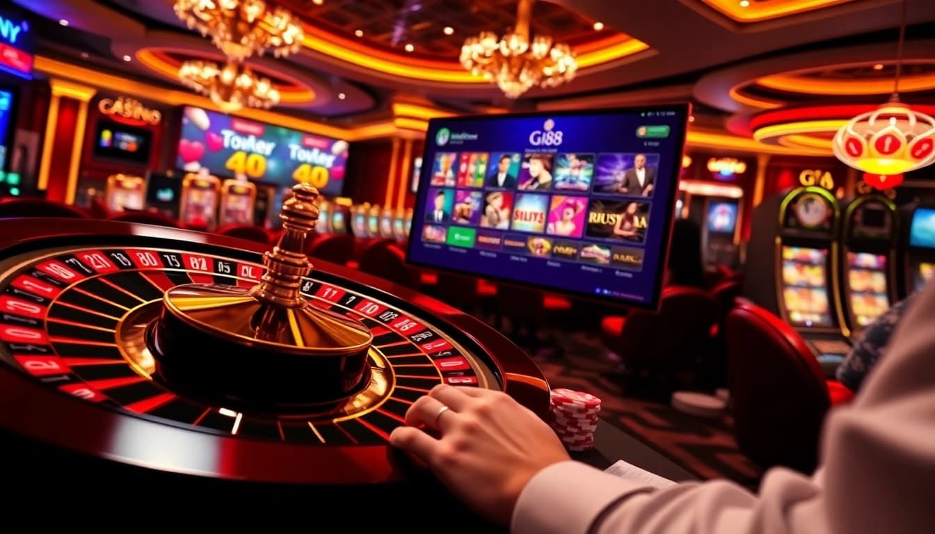 Engaging player at gi88 online casino with vibrant slot machines and digital roulette.