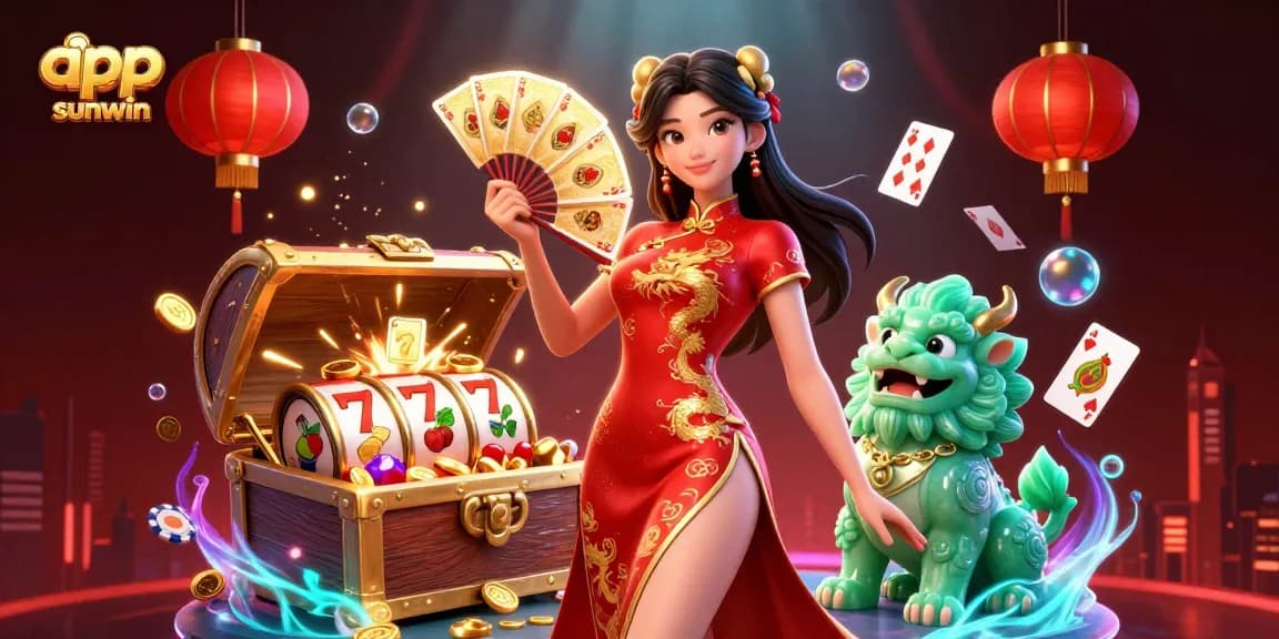 Engage with exciting games in the app sunwin, illustrated with vibrant casino elements and an enchanting scene.