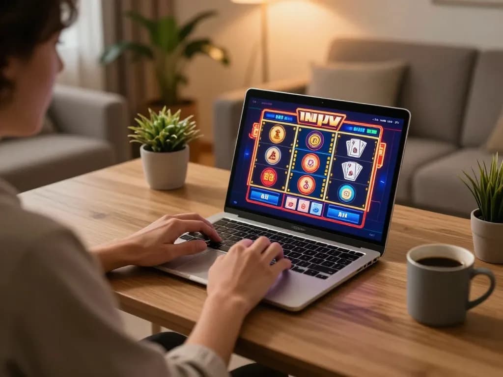 MMOO player enjoying a vibrant online casino experience on a laptop in a cozy living room