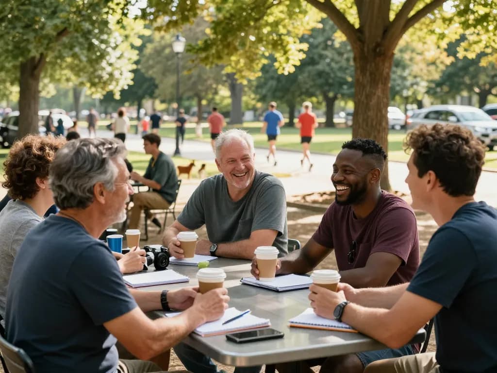 ManClub gathering of men sharing experiences and support in a park.