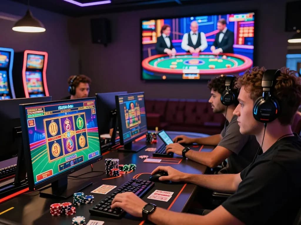 Engaged players at BL555 online casino enjoying vibrant games and live betting experiences in a modern lounge setting.