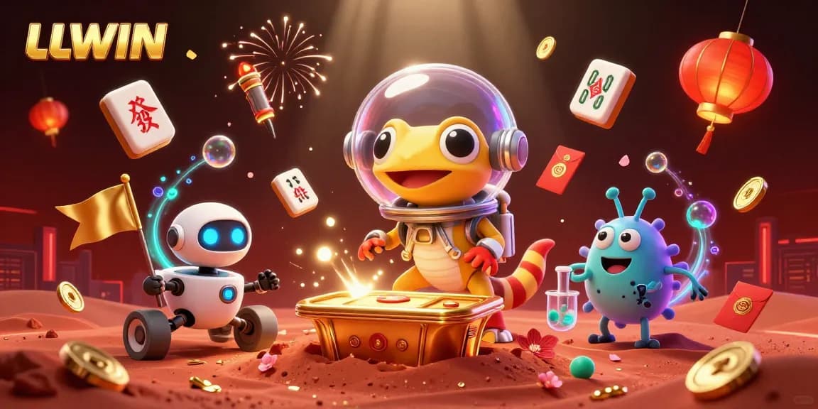 Experience thrilling wins at LLWIN with a cheerful Martian gecko in a golden casino amongst festive elements.