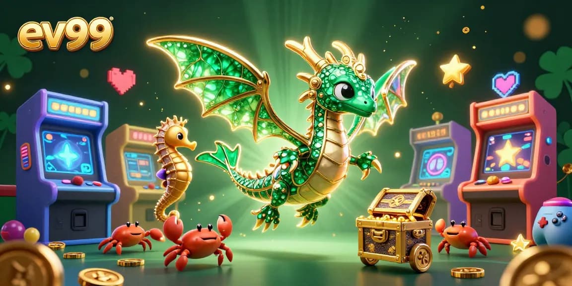 Play games with ev99 featuring a vibrant sea dragon illustration and colorful casino elements