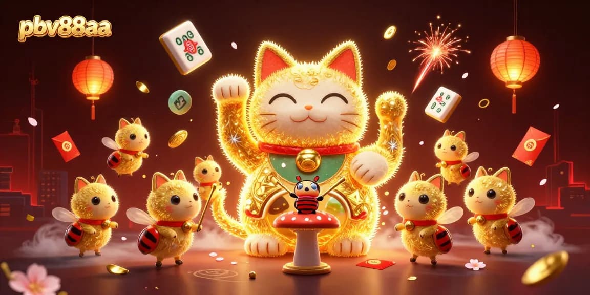 Experience the excitement of pbv88aa with golden fireflies as a lucky cat in a vibrant casino scene.