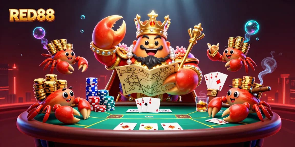 Join the excitement at RED88 with a golden crab emperor among colorful poker chips.
