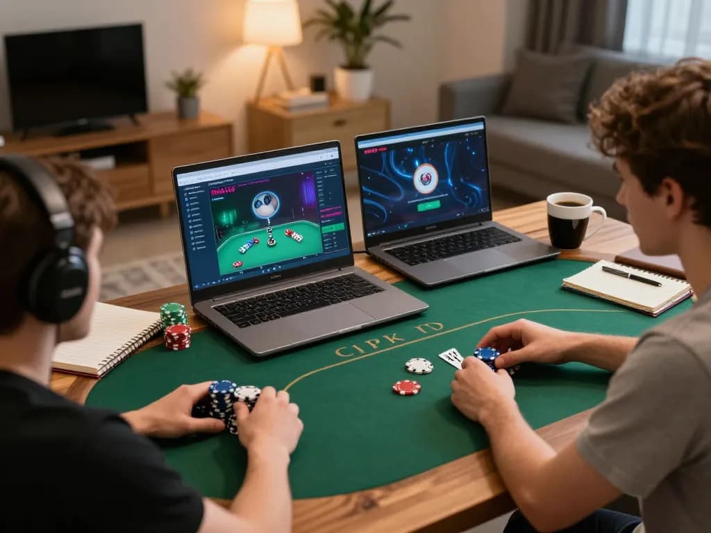 Engaging poker gameplay on rikvip platform with players immersed in strategy at home