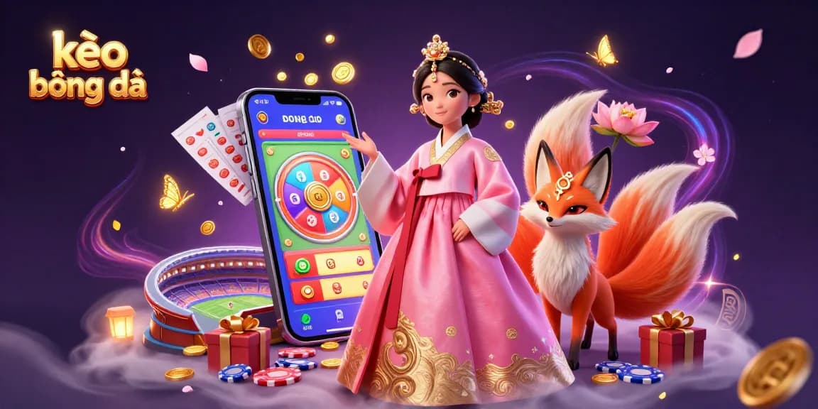 Engage in sports betting with kèo bóng đá amidst vibrant gaming elements and charming characters.