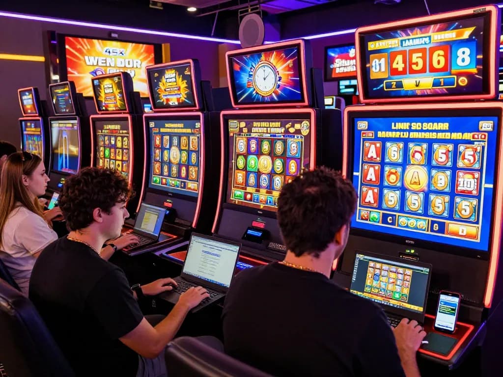 Dynamic scene of online casino players enjoying slot games at 45X with vibrant visuals and engaging graphics.