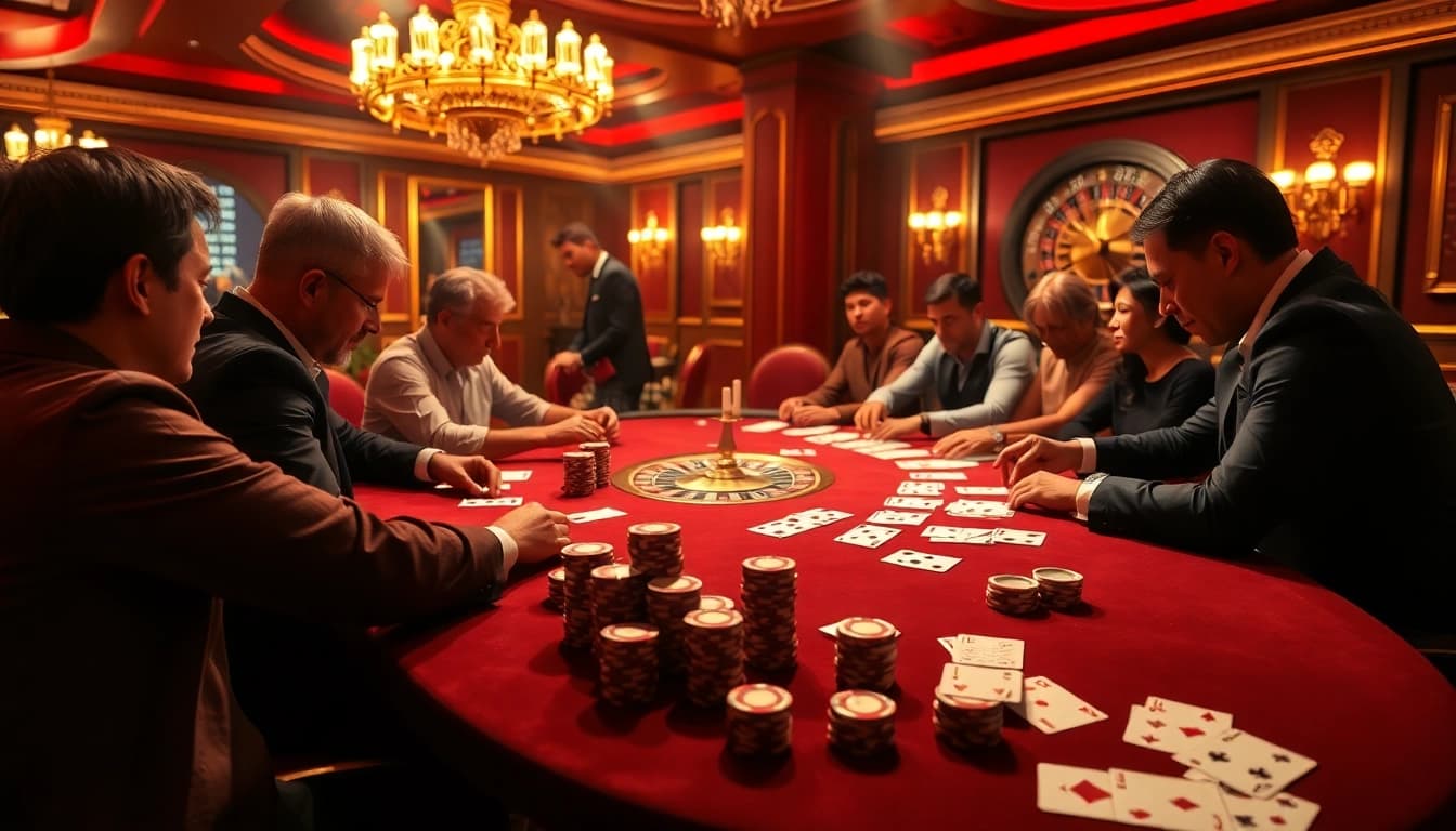 Exciting poker action at 8kbet, featuring colorful chips and cards on a lavish table.