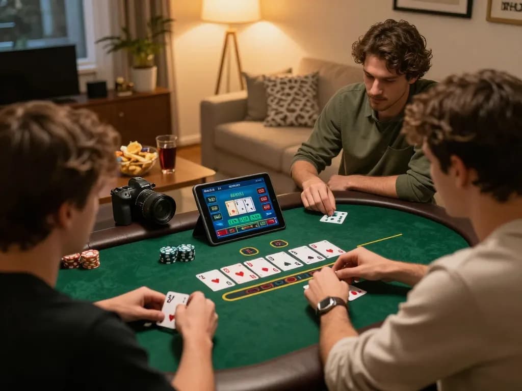 Exciting home gaming moment with onbet players engaging in blackjack on a tablet, cozy atmosphere visible.