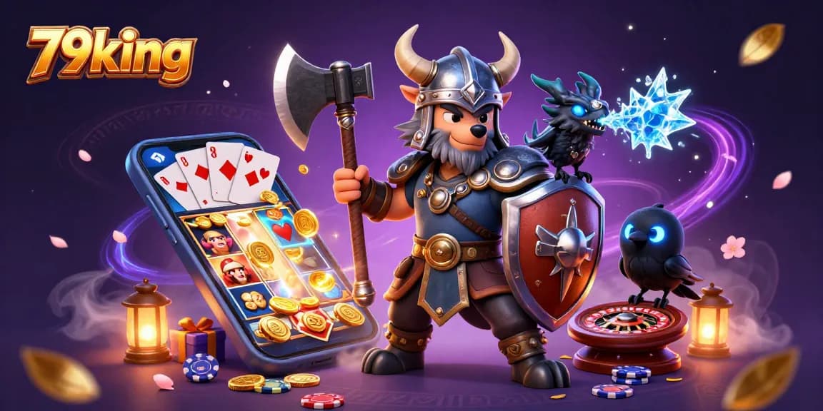 Spin and win with 79king's thrilling casino adventures featuring a Viking wolf warrior and dragon.
