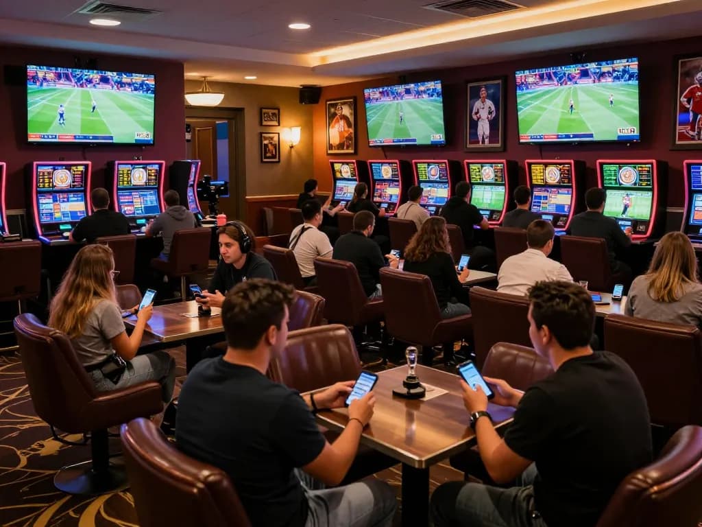 Kèo nhà cái dynamic sports betting lounge with fans placing wagers on live games.