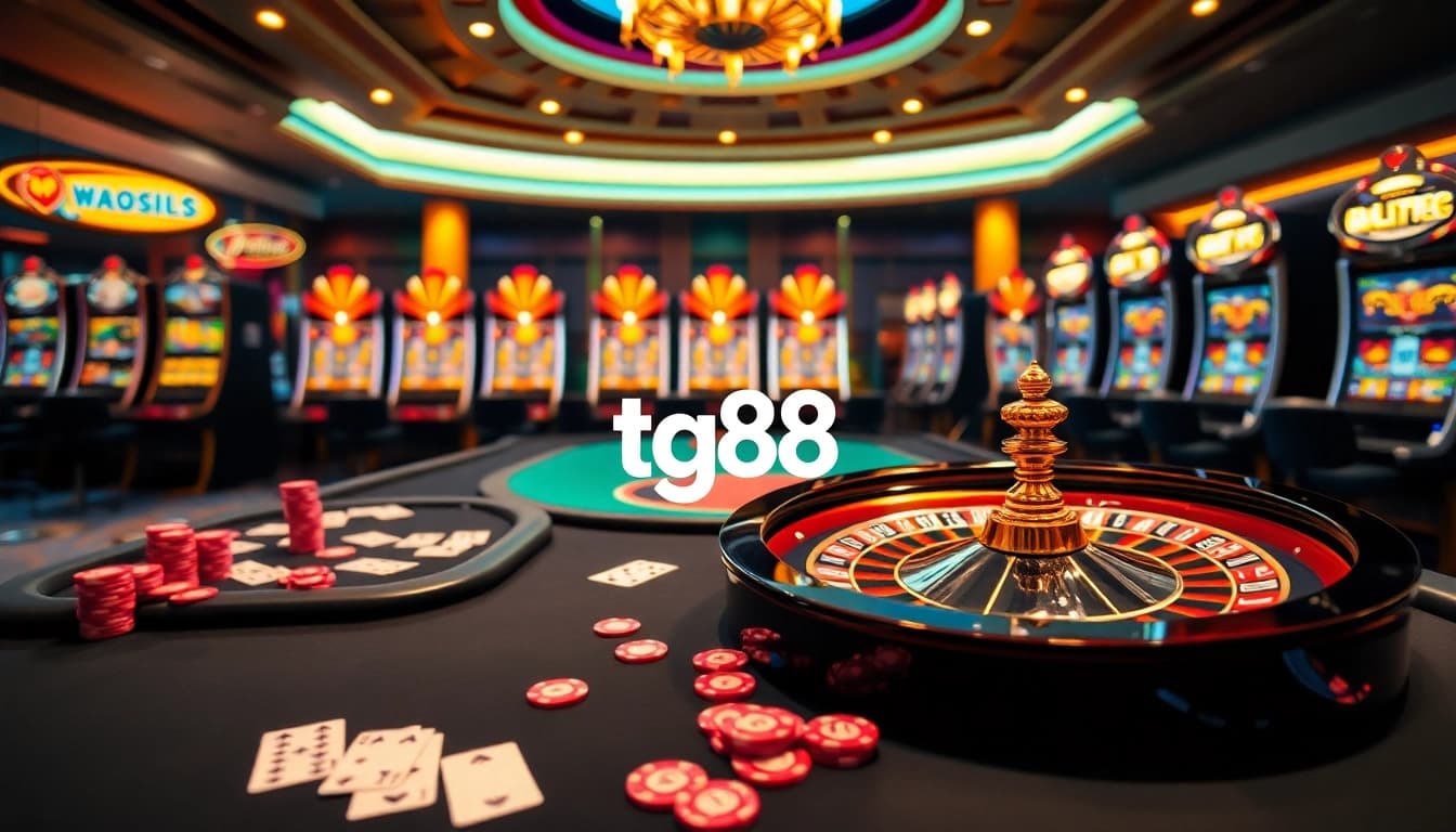Engaging scene of casino excitement with tg88 logo, roulette table, and vibrant slot machines.