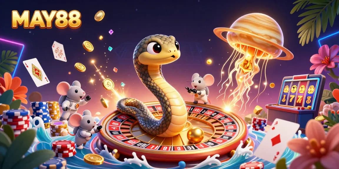 Engage with MAY88's thrilling gaming experience featuring a coiled roulette wheel, astronaut mice betting, and exciting casino elements.