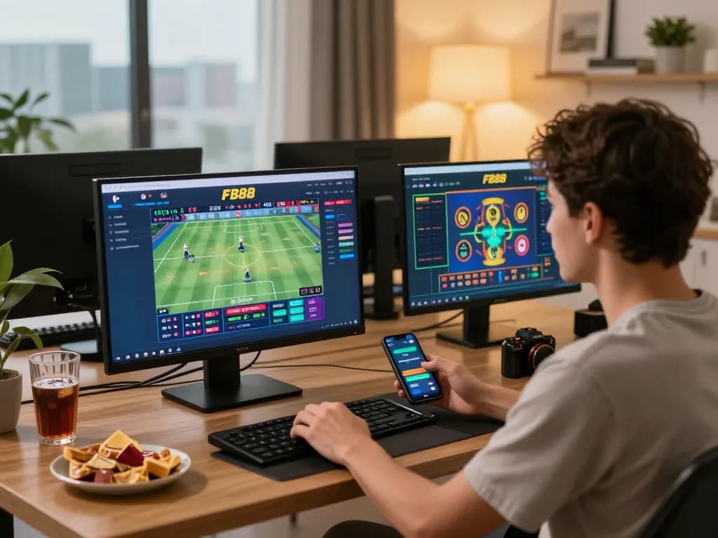 Exciting online betting experience on FB88 with user enjoying sports and casino games.
