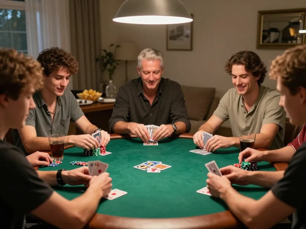 WinWin enthusiasts enjoying a lively poker game at home, showcasing camaraderie and excitement.