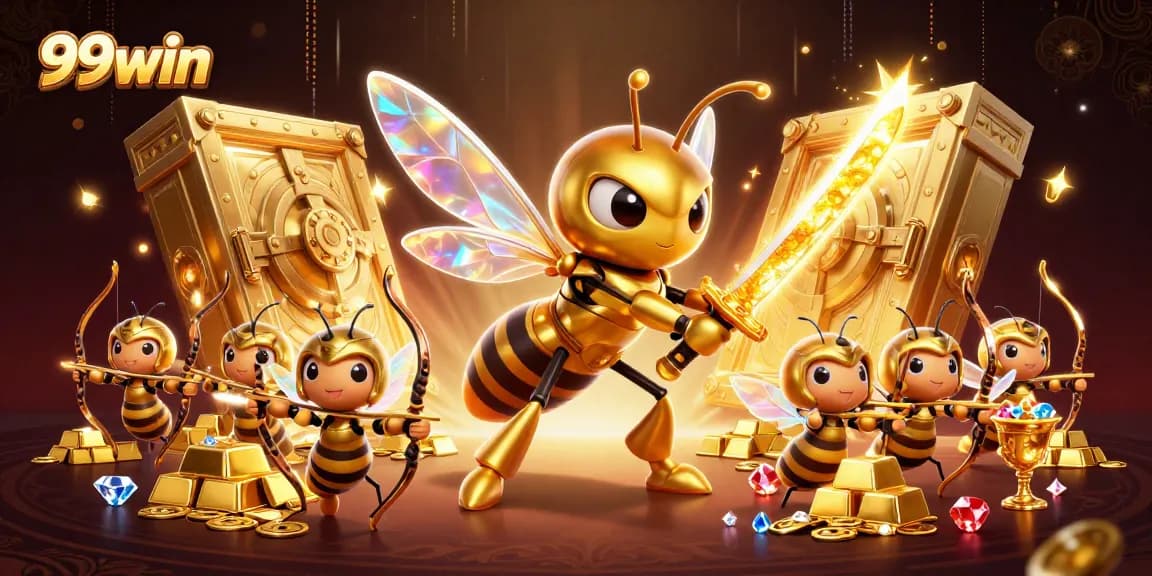 Engage with 99win in a vibrant casino scene featuring golden characters and dynamic elements.