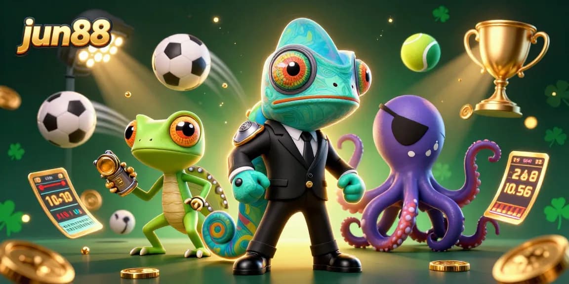 Engage with jun88 in a dynamic casino scene featuring a chameleon agent, gecko Q, and an octopus.