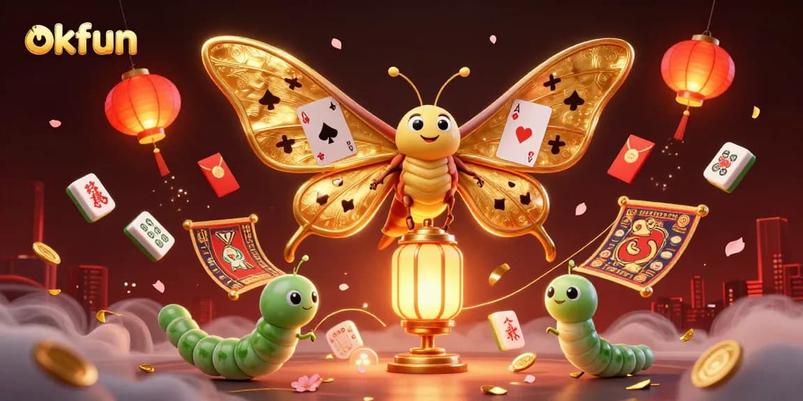 Experience thrill with okfun's vibrant casino scenes portrayed by a majestic atlas moth in golden hues.