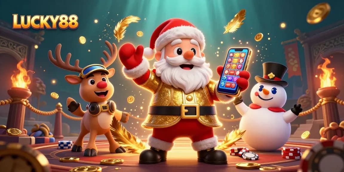 Experience LUCKY88's thrilling jackpot action with Santa and friends in a vibrant casino scene.