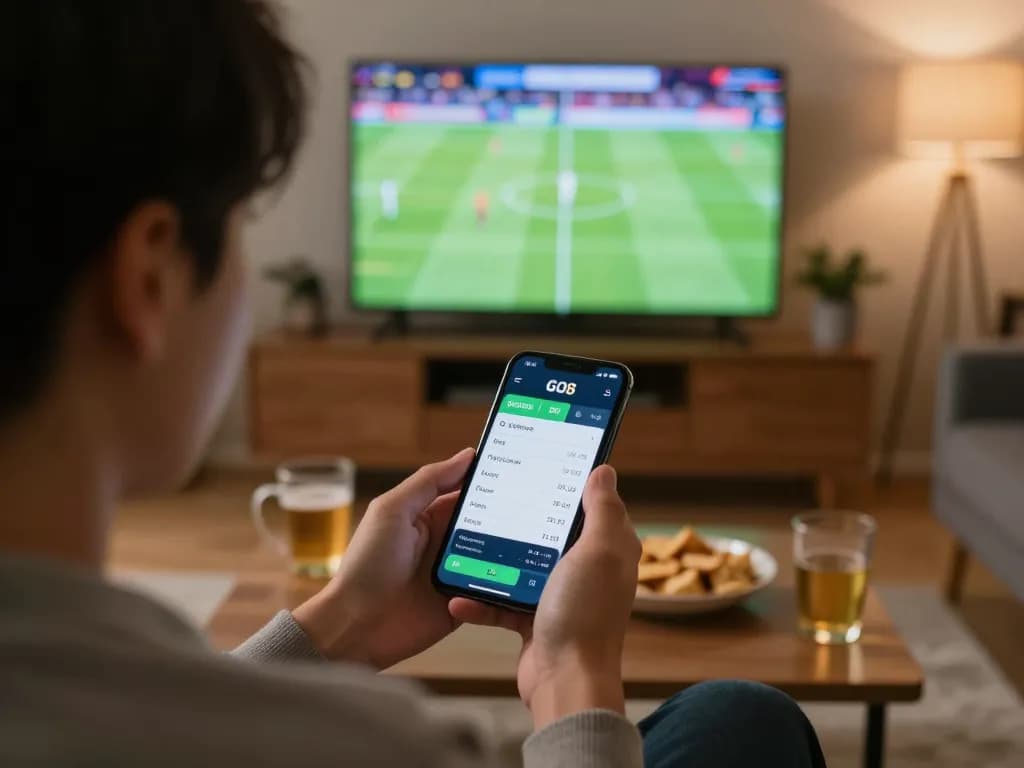 Engaging with GO8 sports betting app in a cozy home setting while watching a football match.