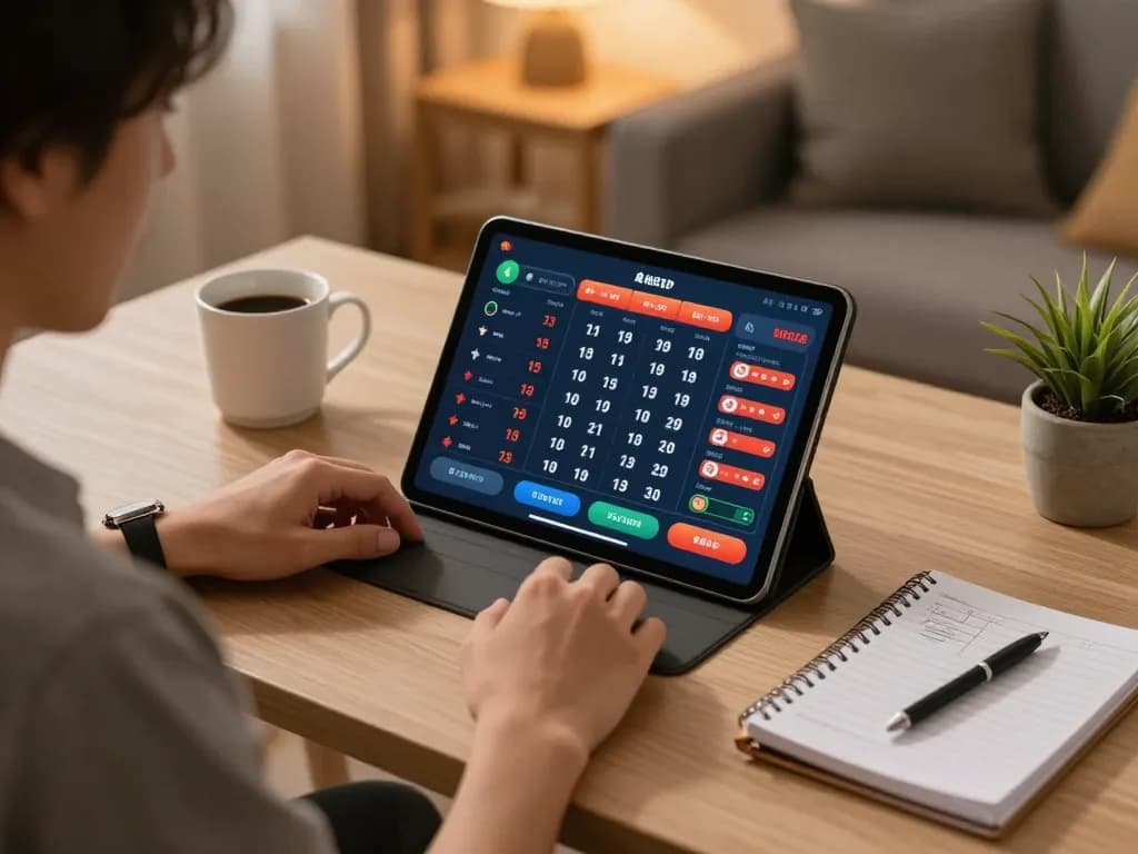 Engaging in đánh lô đề online using a tablet with strategic notes nearby, cozy home atmosphere.
